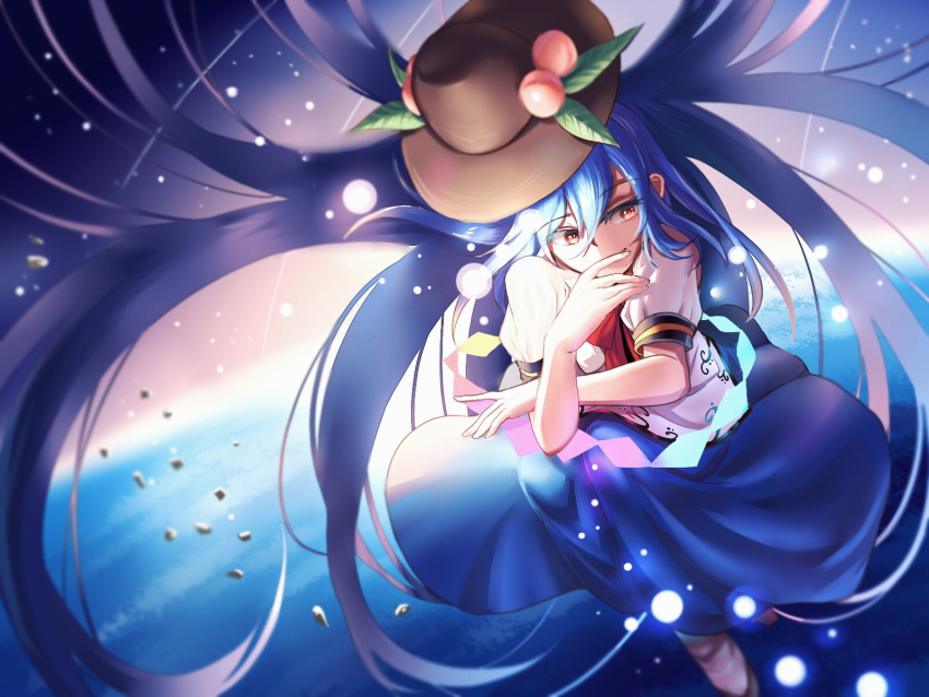 1girl blue_hair blue_skirt blurry covering_mouth crossed_arms depth_of_field eyebrows_visible_through_hair food fruit full_body hair_between_eyes hat highres hinanawi_tenshi leaf long_hair looking_to_the_side neck_bow peach puffy_short_sleeves puffy_sleeves red_eyes red_neckwear shirt short_sleeves skirt solo space touhou very_long_hair white_shirt yaosan233