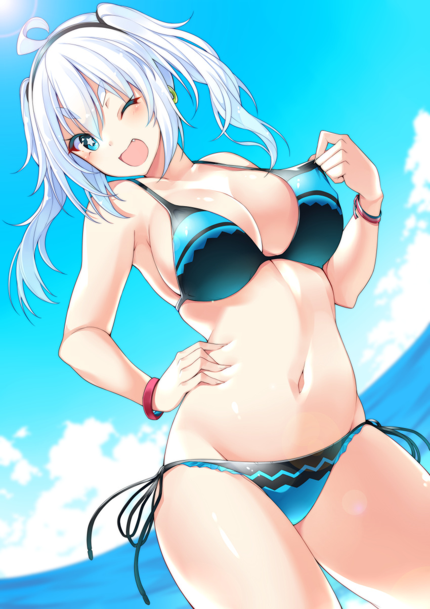 1girl ;d absurdres ahoge armpits bangs bare_arms bare_shoulders bikini black_hairband black_ribbon blue_eyes blue_sky blurry blurry_background blush breasts cleavage closed_eyes clouds collarbone contrapposto cowboy_shot day depth_of_field fang from_below hairband hand_on_hip head_tilt highres horizon jewelry large_breasts litty long_hair looking_at_viewer looking_down matsunoki_(unknown_751) navel ocean one_eye_closed open_mouth original outdoors ribbon shiny shiny_skin side-tie_bikini silver_hair single_earring sky smile solo standing star star-shaped_pupils stomach swimsuit symbol-shaped_pupils thick_eyebrows thighs twintails two-tone_bikini v-shaped_eyebrows wristband