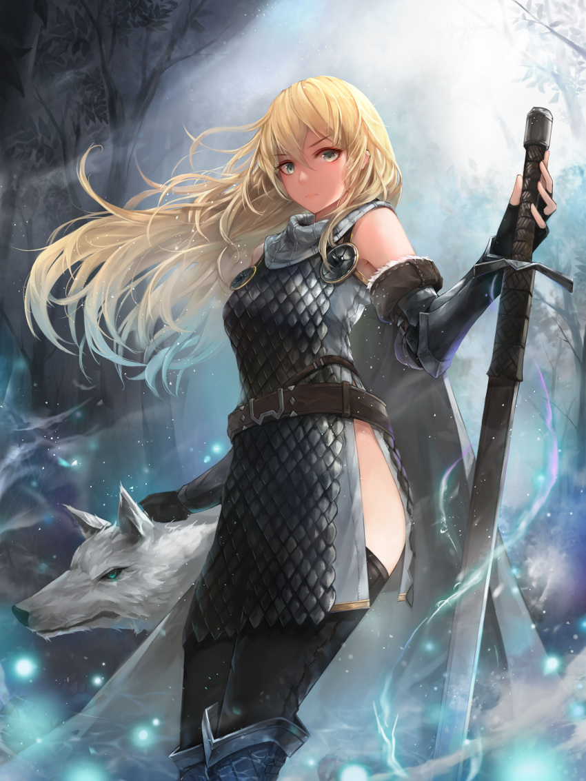 1girl absurdres armor armored_boots bangs belt black_legwear blonde_hair boots cape closed_mouth crystalherb fingerless_gloves floating_hair from_below gloves green_eyes hair_between_eyes highres long_hair looking_at_viewer original outdoors planted_sword planted_weapon serious solo standing sword thigh-highs tree vambraces weapon wolf