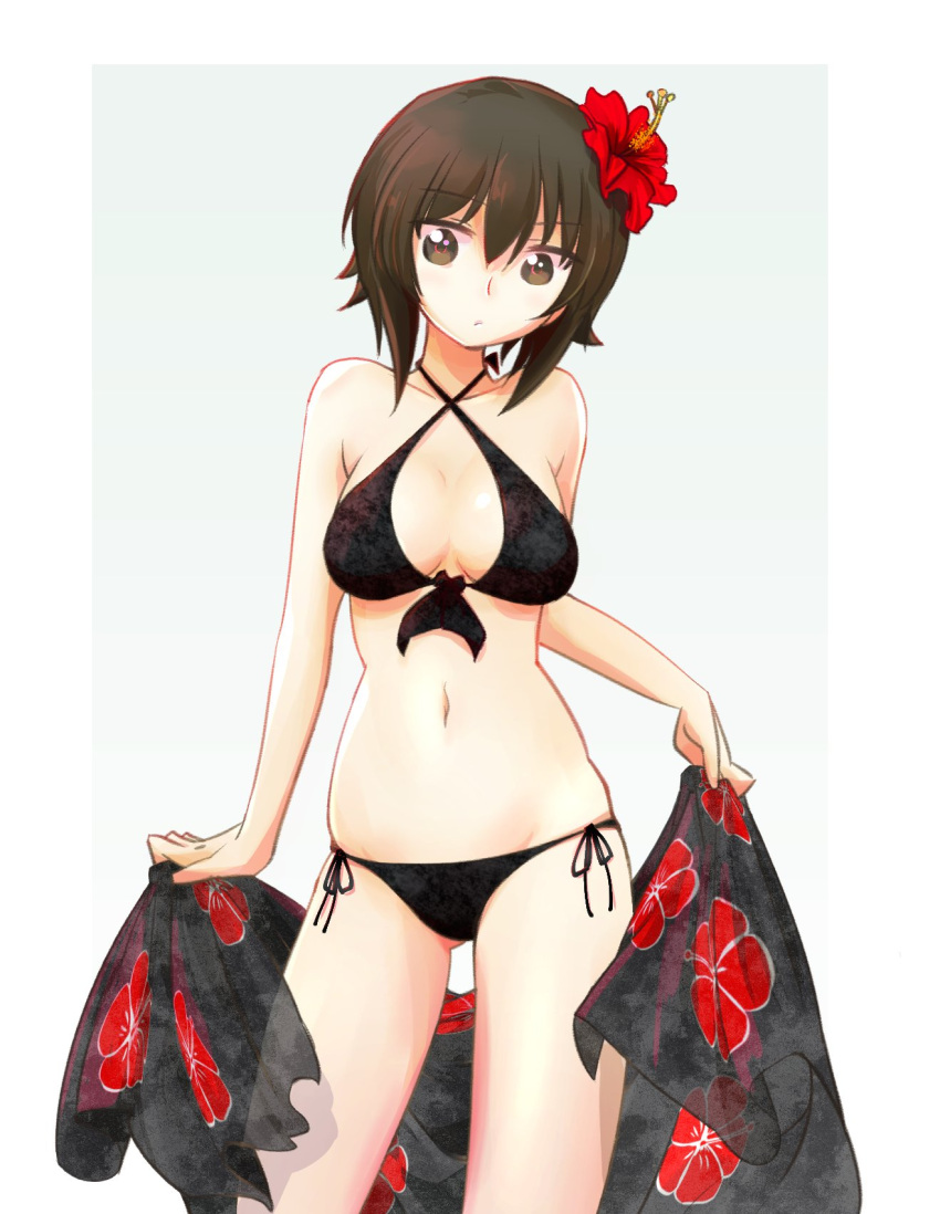 1girl bangs bikini black_bikini breasts brown_eyes brown_hair closed_mouth commentary_request cowboy_shot eyebrows_visible_through_hair flower front-tie_bikini front-tie_top girls_und_panzer gluteal_fold grey_background hair_flower hair_ornament highres holding looking_at_viewer medium_breasts moro_(like_the_gale!) nishizumi_maho sarong short_hair side-tie_bikini solo standing swimsuit