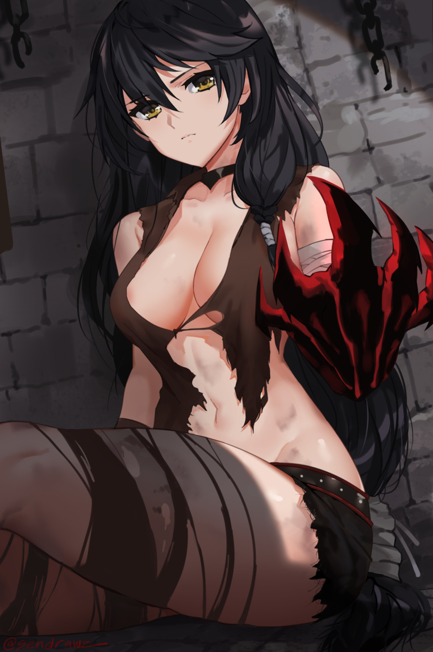 1girl bandage bandaged_arm black_choker black_hair breasts choker commentary_request highres long_hair looking_at_viewer medium_breasts sendrawz solo tales_of_(series) tales_of_berseria torn_clothes under_boob velvet_crowe yellow_eyes