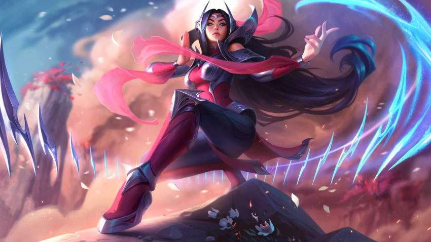 1girl black_hair blue_eyes breasts floating_swords flower headgear highres irelia kneeling league_of_legends long_hair medium_breasts official_art skin_tight sword tagme weapon