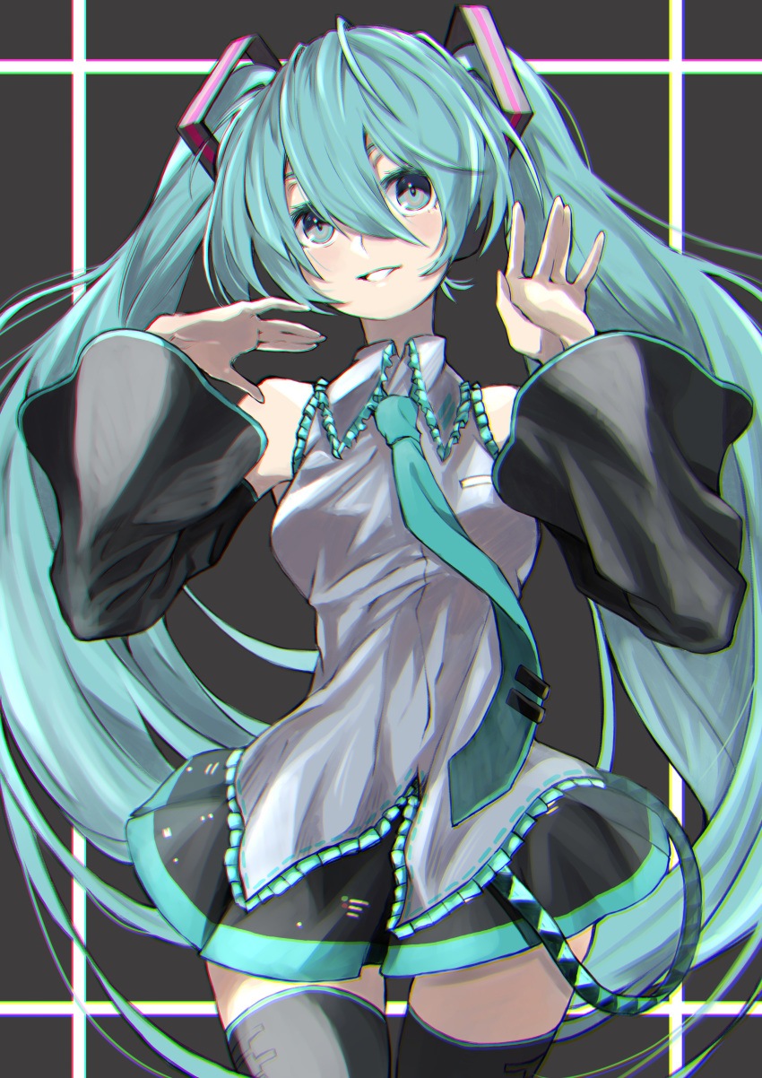 1girl absurdres aqua_eyes aqua_hair black_background cowboy_shot detached_sleeves grin hair_between_eyes hatsune_miku highres kamekiti long_hair necktie skirt smile solo thigh-highs twintails very_long_hair vocaloid