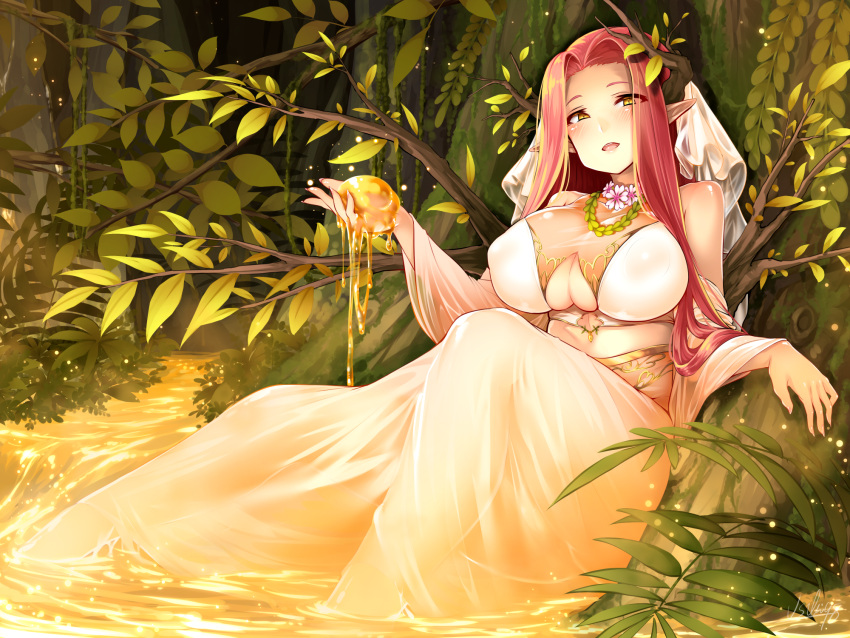 1girl breasts cleavage dress hakumare highres jewelry large_breasts long_hair necklace original pointy_ears redhead sleeveless solo under_boob yellow_eyes