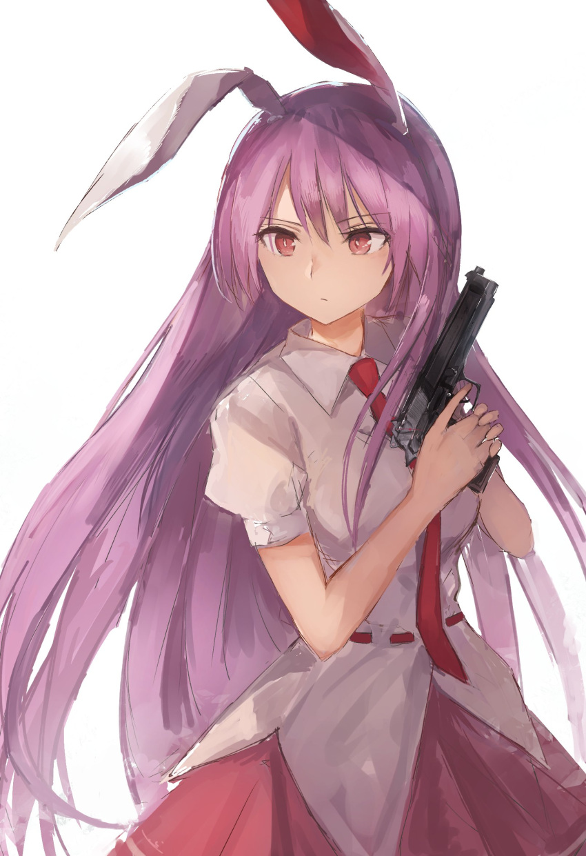 1girl animal_ears breasts commentary cowboy_shot eyebrows_visible_through_hair gun handgun highres holding holding_gun holding_weapon medium_breasts necktie pink_skirt pistol puffy_short_sleeves puffy_sleeves purple_hair rabbit_ears red_eyes red_neckwear reisen_udongein_inaba shirt short_sleeves simple_background skirt solo standing thkani touhou trigger_discipline weapon white_background white_shirt