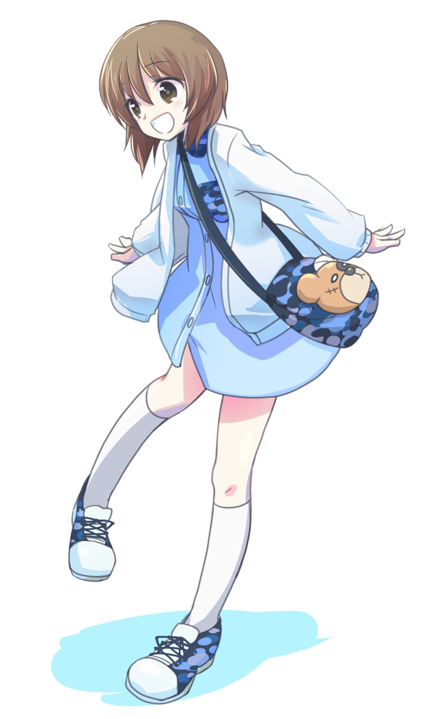 1girl :d absurdres bag bangs blue_dress blue_footwear boko_(girls_und_panzer) brown_eyes brown_hair carrying casual commentary_request cross-laced_footwear dress eyebrows_visible_through_hair full_body girls_und_panzer handbag highres jacket kneehighs long_sleeves medium_dress moro_(like_the_gale!) nishizumi_miho open_mouth shoes short_hair smile sneakers solo standing standing_on_one_leg white_background white_jacket white_legwear