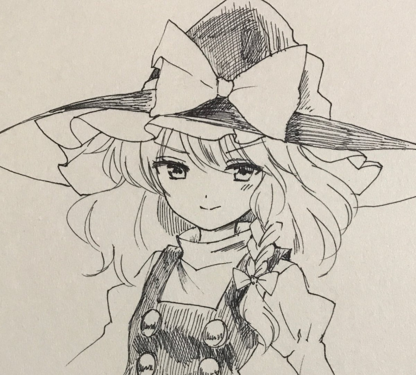 1girl braid greyscale hat juliet_sleeves kirisame_marisa large_hat long_sleeves looking_at_viewer monochrome pen_(medium) puffy_sleeves side_braid single_braid sketch smile solo touhou traditional_media turtleneck v-shaped_eyebrows vest wavy_hair witch_hat yururi_nano