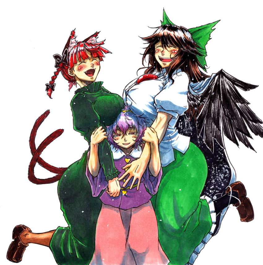 3girls ^_^ animal_ears bangs bird_wings black_wings blouse blush bow braid breast_rest breasts breasts_on_head brown_hair cape cat_ears cat_tail closed_eyes cowboy_shot dress extra_ears eyebrows_visible_through_hair fangs green_bow green_dress green_skirt hair_between_eyes hair_bow hairband half-closed_eyes hand_on_another's_arm hands_up happy heart height_difference huge_breasts kaenbyou_rin komeiji_satori koyubi_(littlefinger1988) large_breasts long_dress long_hair long_skirt long_sleeves multiple_girls multiple_tails nekomata open_mouth parted_lips pink_skirt puffy_short_sleeves puffy_sleeves purple_blouse purple_hair red_eyes redhead reiuji_utsuho shirt short_hair short_sleeves simple_background skirt smile standing starry_sky_print tail third_eye touhou twin_braids violet_eyes white_background white_cape white_shirt wide_sleeves wings