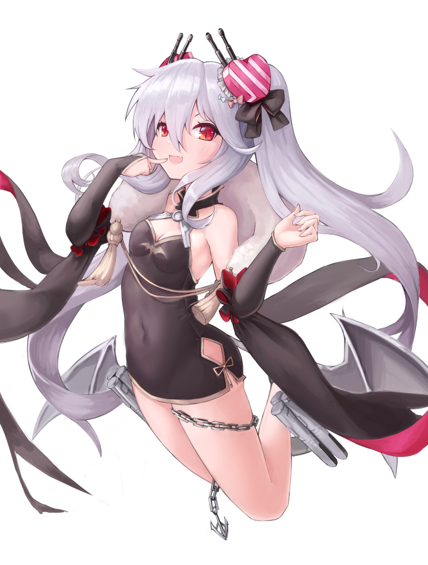 1girl :d absurdres azur_lane bare_shoulders black_bow black_dress blue_bow blush bow breasts bridal_gauntlets chains cleavage commentary_request dress fang finger_to_mouth fingernails full_body grey_wings hair_bow hair_ornament heart heart_hair_ornament highres long_hair low_wings mechanical_wings medium_breasts open_mouth pink_bow red_eyes shinori_(efvbji6264) silver_hair simple_background slit_pupils smile solo strapless strapless_dress twintails vampire_(azur_lane) very_long_hair white_background wings