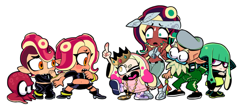 2boys 4girls agent_8 bandanna bangs beard black_hair black_pants black_shirt blunt_bangs cabbie_hat chain_necklace chibi commander_atarime crop_top crossed_arms crown facial_hair gashi-gashi gradient_hair green_eyes green_hair hat headgear highres hime_(splatoon) iida_(splatoon) inkling midriff mohawk multicolored_hair multiple_boys multiple_girls octarian octopus orange_eyes pants pink_eyes pink_hair pointy_ears safety_vest shirt short_hair short_hair_with_long_locks simple_background splatoon splatoon_2 splatoon_2:_octo_expansion squidbeak_splatoon takozonesu tentacle_hair track_suit white_background white_hair yellow_eyes