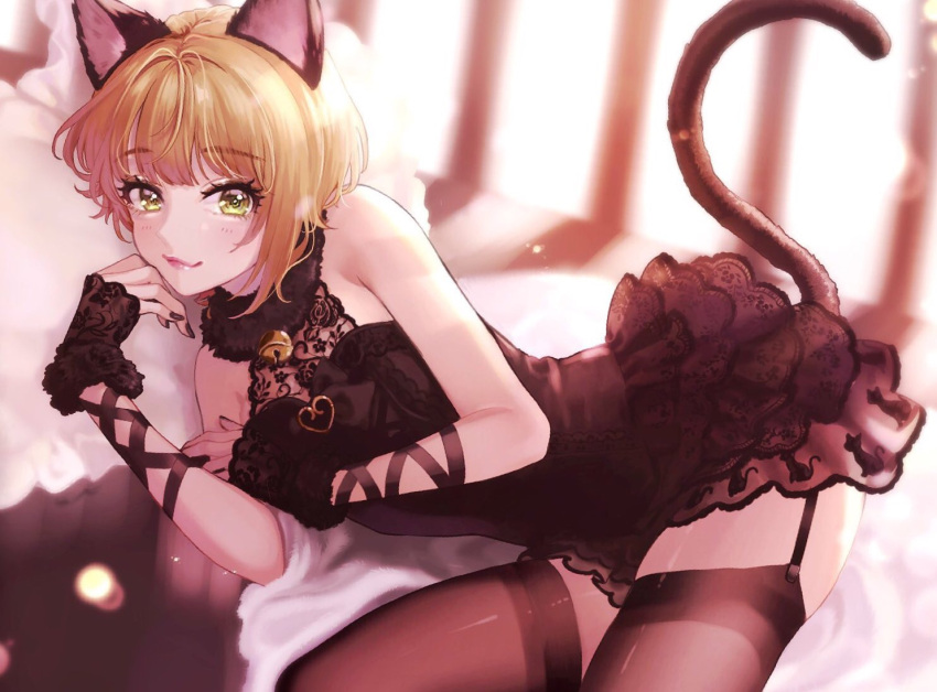 1girl animal_ears animal_print bangs bell black_dress black_legwear black_nails black_ribbon blonde_hair blush cat_ears cat_print cat_tail dress eyebrows_visible_through_hair fur_collar garter_straps green_eyes idolmaster idolmaster_cinderella_girls indoors jingle_bell kemonomimi_mode lace lace-trimmed_dress lips looking_at_viewer lying magako miyamoto_frederica nail_polish on_side pillow ribbon short_hair sleeveless sleeveless_dress smile solo tail thigh-highs wrist_ribbon zettai_ryouiki