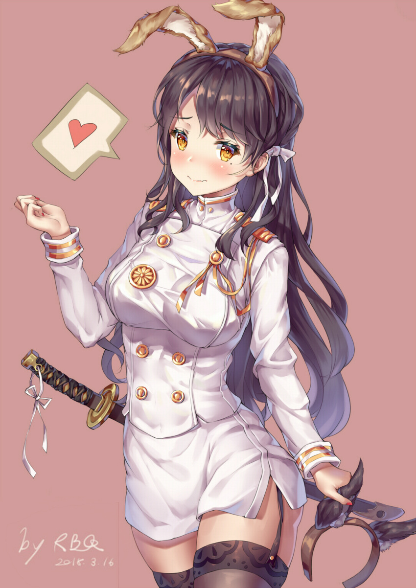 1girl aiguillette animal_ears atago_(azur_lane) azur_lane badge bangs black_hair blush breasts brown_hairband brown_legwear closed_mouth commentary_request cowboy_shot dated dog_ears double-breasted epaulettes eyebrows_visible_through_hair fang garter_straps hair_ribbon hairband hand_up heart highres holding jacket katana large_breasts long_hair long_sleeves looking_at_viewer military military_jacket military_uniform miniskirt mole mole_under_eye nail_polish pencil_skirt pink_background print_legwear red_nails ribbon sheath sheathed shiny shiny_hair simple_background skirt smile solo speech_bubble spoken_heart standing swept_bangs sword taut_jacket thigh-highs turtleneck uniform weapon white_jacket white_ribbon white_skirt wolf_ears xi_zhujia_de_rbq yellow_eyes zettai_ryouiki
