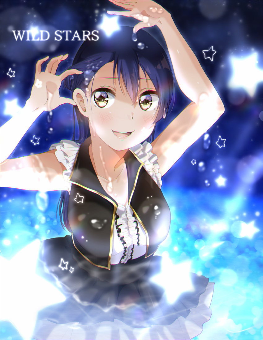 1girl arm_up bangs blue_hair collarbone commentary_request cowboy_shot eyebrows_visible_through_hair hair_between_eyes hand_in_hair highres long_hair looking_at_viewer love_live! love_live!_school_idol_project open_mouth panda_copt partially_submerged smile solo sonoda_umi star water water_drop wet wet_clothes wild_stars yellow_eyes