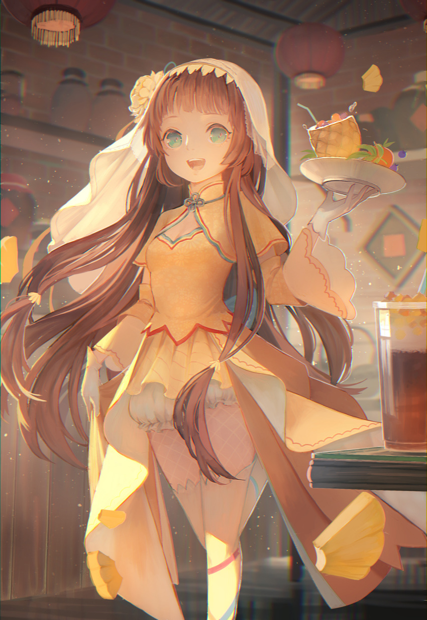 1girl :d bangs bendy_straw bloomers blue_eyes breasts brick_wall brown_hair commentary_request dress drinking_straw echosdoodle food fruit gloves highres holding holding_plate indoors lantern long_hair long_sleeves looking_at_viewer open_mouth original paper_lantern pineapple plate shelf small_breasts smile solo thigh-highs underwear veil very_long_hair white_bloomers white_gloves white_legwear wide_sleeves yellow_dress