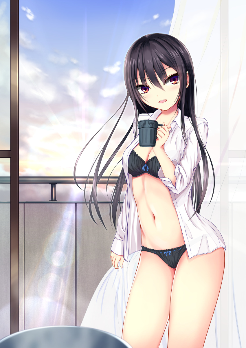 1girl :d absurdres balcony black_bra black_hair black_panties blue_ribbon blush bra breasts cleavage collared_shirt cowboy_shot cup curtains dress_shirt highres holding holding_cup indoors kurokami_(kurokaminohito) lens_flare light_rays long_hair long_sleeves looking_at_viewer medium_breasts morning multicolored multicolored_eyes navel open_clothes open_mouth open_shirt original panties railing red_eyes ribbon ribbon-trimmed_panties ribbon_bra ribbon_panties shiny shiny_hair shirt smile solo standing stomach strapless sun sunbeam sunlight sunrise thighs tsurime underwear very_long_hair violet_eyes wing_collar