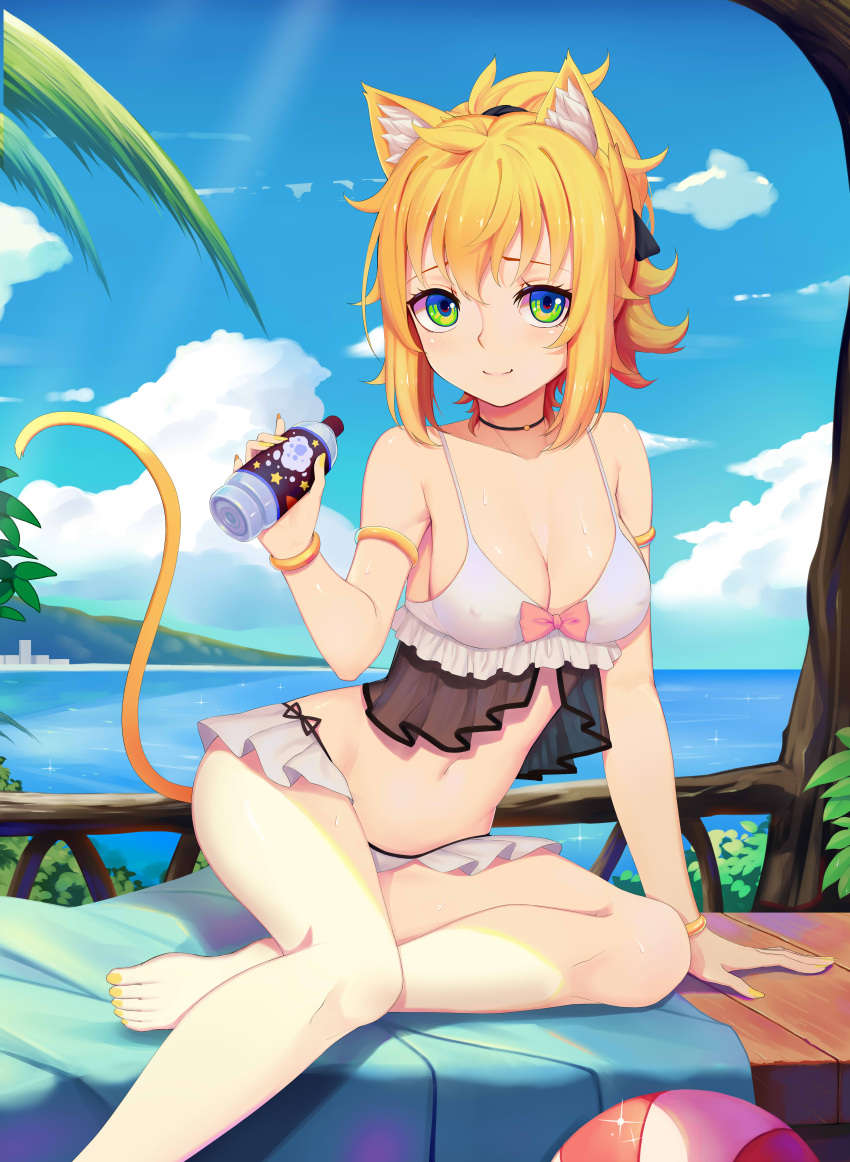 1girl absurdres animal_ears arm_support armlet barefoot bikini blonde_hair blue_sky bottle bow bracelet breasts cat_ears cat_tail choker cleavage closed_mouth clouds day error frills green_eyes highres jewelry looking_at_viewer medium_breasts nail_polish navel ocean original outdoors pink_bow revision see-through short_hair short_ponytail showgirl_skirt sitting sky smile solo sonikey0_0 sweat swimsuit tail tree water