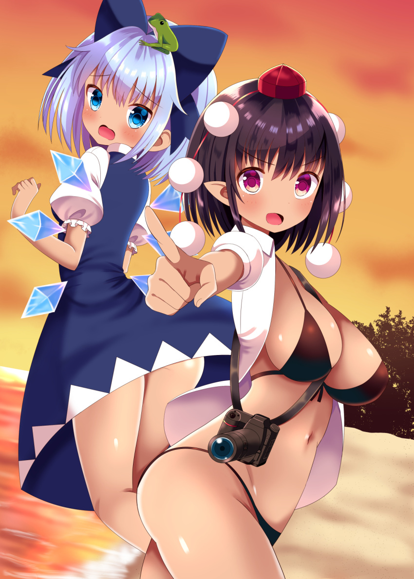 2girls animal animal_on_head ass back bangs beach between_breasts bikini black_bikini black_hair blue_dress blue_eyes blue_hair blush bow breasts camera cirno cleavage collared_shirt commentary_request cowboy_shot dress dress_shirt eyebrows_visible_through_hair fairy_wings foreshortening frog_on_head from_behind from_side front-tie_top groin hair_bow hair_ornament hands_up hat hazakura_satsuki highres ice ice_wings large_breasts looking_at_viewer looking_back midriff multiple_girls navel on_head open_clothes open_mouth open_shirt outdoors pointing pointing_at_viewer pointy_ears pom_pom_(clothes) puffy_short_sleeves puffy_sleeves red_eyes shameimaru_aya shirt short_hair short_sleeves stomach strap_cleavage swimsuit tokin_hat touhou twisted_neck water white_shirt wings