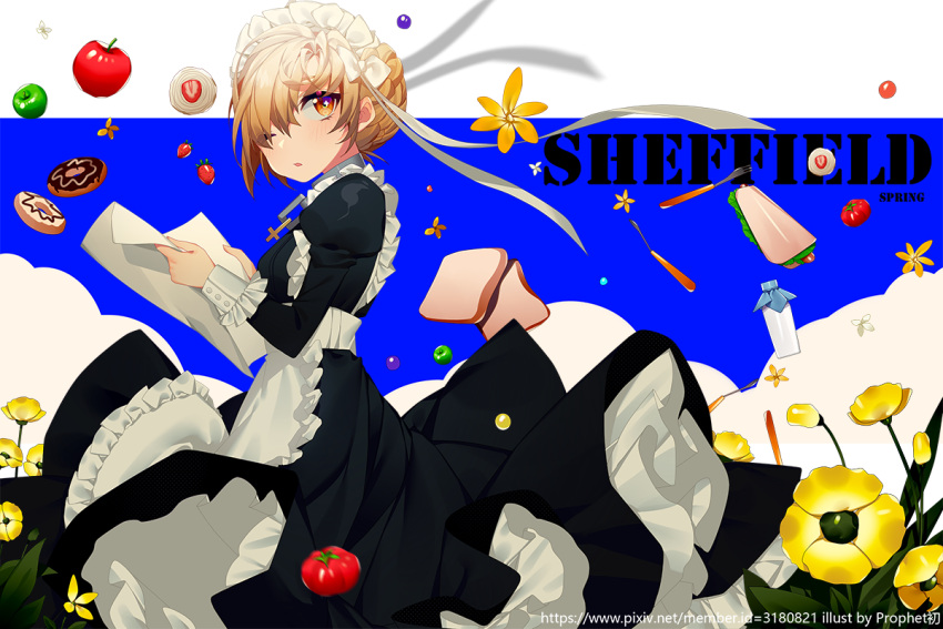 1girl apple apron artist_name azur_lane bangs black_dress blonde_hair blue_sky brown_eyes chains character_name chocolate_doughnut commentary_request cross doughnut dress flower food fork frilled_apron frills fruit green_apple hair_over_one_eye juliet_sleeves long_sleeves looking_at_viewer looking_to_the_side maid maid_apron maid_headdress official_art one_eye_closed parted_lips prophet_chu puffy_sleeves red_apple sheffield_(azur_lane) short_hair sky solo tomato watermark web_address white_apron yellow_flower