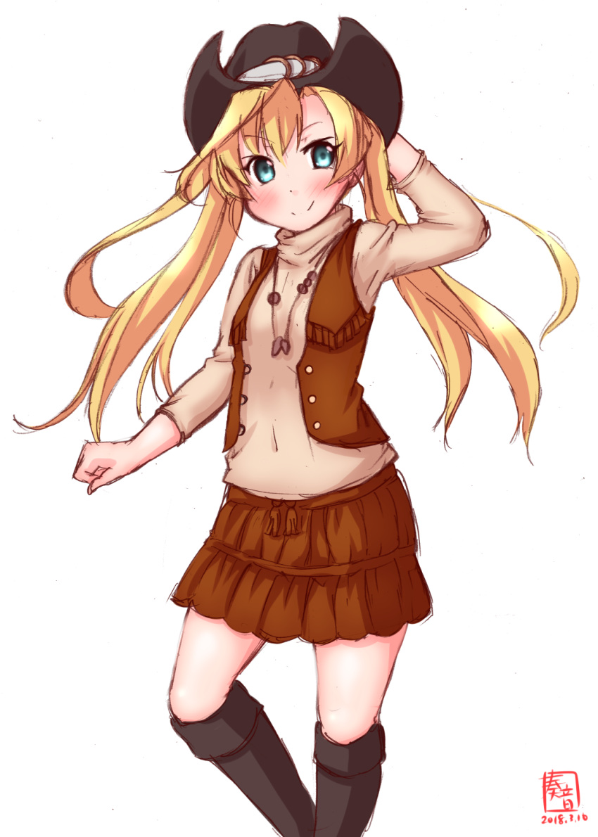 1girl abukuma_(kantai_collection) alternate_costume black_legwear blonde_hair blue_eyes brown_skirt brown_vest commentary_request cowboy_hat dated frilled_skirt frills hat highres jewelry kanon_(kurogane_knights) kantai_collection logo long_hair looking_at_viewer md5_mismatch necklace simple_background skirt smile solo twintails vest western white_background