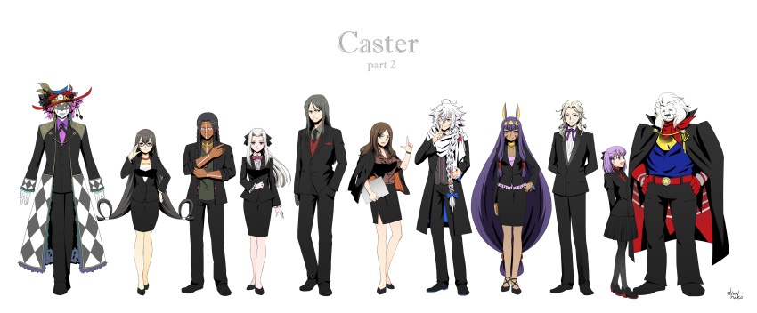 5girls 6+boys absurdres ahoge alternate_costume bead_necklace beads bespectacled black_bow black_hair black_jacket black_legwear black_pants black_skirt blonde_hair blue_eyes bow brown_hair business_suit dark_skin dark_skinned_male dress earrings facepaint facial_mark fate/grand_order fate_(series) formal geronimo_(fate/grand_order) glasses gloves hair_bow hat helena_blavatsky_(fate/grand_order) highres hoop_earrings irisviel_von_einzbern irisviel_von_einzbern_(caster) jackal_ears jacket jacket_on_shoulders jewelry leonardo_da_vinci_(fate/grand_order) lion long_hair low-tied_long_hair makeup mephistopheles_(fate/grand_order) merlin_(fate/stay_night) multiple_boys multiple_girls necklace necktie nitocris_(fate/grand_order) pants pencil_skirt purple_hair red_eyes scarf shimaneko short_hair sidelocks skirt skirt_suit smile standing suit thomas_edison_(fate/grand_order) very_long_hair waver_velvet white_hair white_scarf wolfgang_amadeus_mozart_(fate/grand_order) xuanzang_(fate/grand_order)