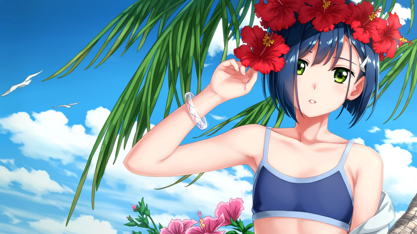 1girl bangle bird blue_hair blush bracelet clouds cloudy_sky commentary darling_in_the_franxx flat_chest flower green_eyes hair_flower hair_ornament hairclip hibiscus highres ichigo_(darling_in_the_franxx) jewelry looking_at_viewer parted_lips short_hair sky solo sports_bra tucana
