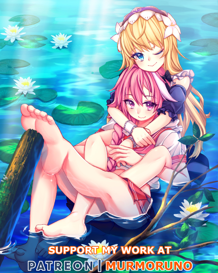 2boys ;&gt; absurdres androgynous apron arms_around_neck astolfo_(fate) bangs bare_shoulders barefoot black_bow blonde_hair blue_dress blue_eyes blush bow braid chevalier_d'eon_(fate/grand_order) closed_mouth commentary crop_top cuff_links day detached_sleeves dress english eyebrows_visible_through_hair eyelashes fang_out fate/apocrypha fate/grand_order fate_(series) feet flower frilled_sleeves frills hair_between_eyes hair_bow hair_flower hair_intakes hair_ornament hair_over_shoulder hairband highres leg_up light_rays lily_pad long_hair looking_at_viewer miniskirt multicolored_hair multiple_boys murmoruno neckerchief outdoors own_hands_together parted_bangs partially_submerged patreon_username pink_hair pink_neckwear pleated_skirt pov_feet red_sailor_collar red_skirt ripples sailor_collar school_uniform serafuku shirt short_dress short_sleeves single_braid skirt smile soles streaked_hair sunbeam sunlight toes trap two-tone_hair very_long_hair violet_eyes waist_apron water white_apron white_flower white_hair white_shirt wrist_cuffs