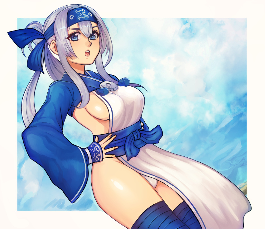 1girl absurdres ainu ainu_clothes bandanna blue_eyes blue_sky border breasts clouds cropped_jacket dress folded_ponytail fundoshi hair_between_eyes hands_on_hips headband highres japanese_clothes jj_steak kamoi_(kantai_collection) kantai_collection long_sleeves looking_at_viewer medium_breasts sideboob sidelocks sky sleeveless sleeveless_dress solo tassel thigh-highs white_dress white_hair wrist_guards
