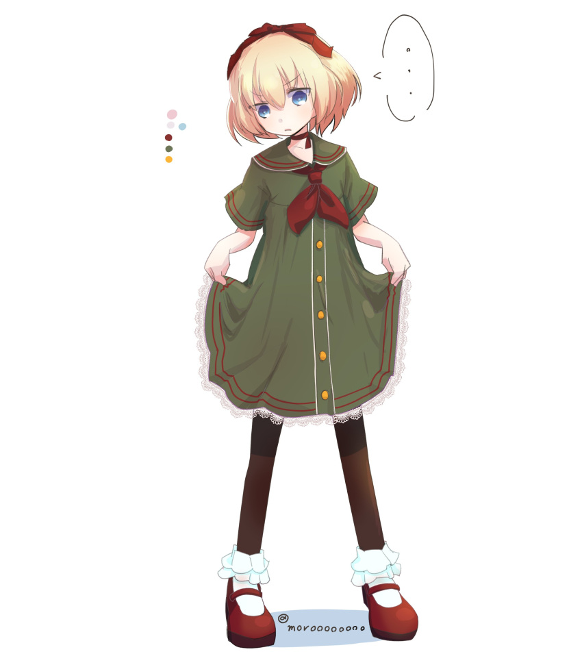 ... 1girl absurdres bangs black_footwear black_legwear blonde_hair blue_eyes bobby_socks casual closed_mouth color_guide commentary_request dress eyebrows_visible_through_hair frown full_body girls_und_panzer hair_ribbon highres katyusha lace lace-trimmed_dress mary_janes medium_dress moro_(like_the_gale!) neckerchief pantyhose red_neckwear red_ribbon ribbon shoes short_hair short_sleeves skirt_hold socks solo spoken_ellipsis standing white_background white_legwear