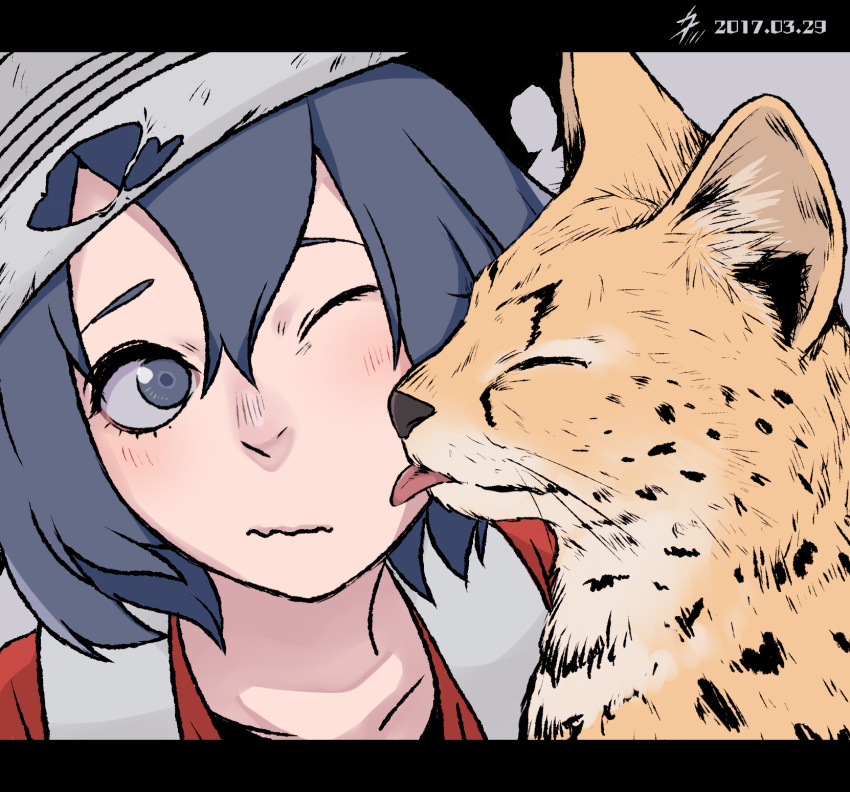 1girl animal animalization blue_eyes blue_hair cheek_licking closed_eyes commentary dated face face_licking grey_background hair_between_eyes hat highres kaban_(kemono_friends) kemono_friends letterboxed licking nanakusa_kayu one_eye_closed red_shirt serval serval_(kemono_friends) shirt short_hair simple_background wavy_mouth white_hat