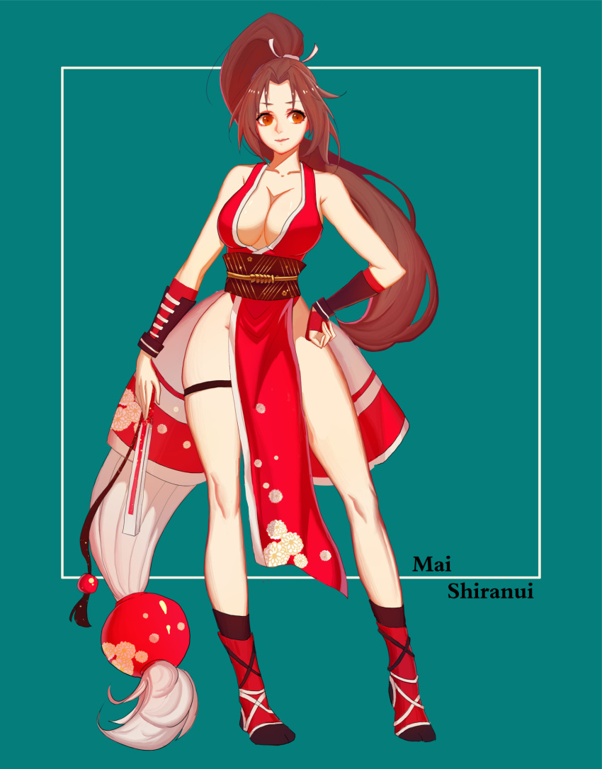 breasts brown_eyes brown_hair cleavage closed_fan fan fatal_fury folding_fan high_ponytail highres japanese_clothes large_breasts ninja pelvic_curtain ponytail revealing_clothes sash shiranui_mai the_king_of_fighters yoooooo-z