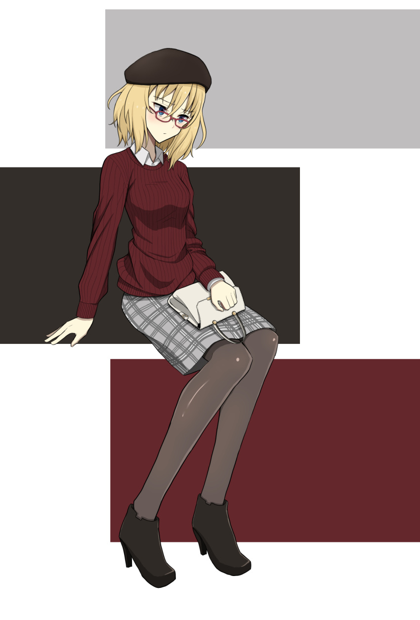 1girl ankle_boots arm_support bag bangs beret bespectacled black_footwear black_hat black_legwear blonde_hair blue_eyes boots chinese closed_mouth commentary_request dress_shirt eyebrows_visible_through_hair full_body girls_und_panzer glasses grey_skirt handbag hat high_heel_boots high_heels highres holding invisible_chair light_frown long_sleeves looking_to_the_side medium_hair medium_skirt oshida_(girls_und_panzer) pantyhose plaid plaid_skirt red-framed_eyewear red_sweater ribbed_sweater scatter shirt sitting skirt solo sweater white_shirt wing_collar