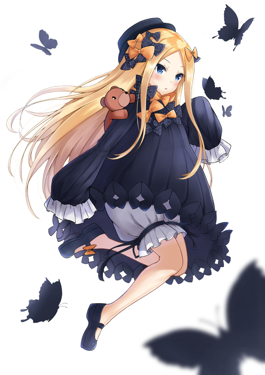 1girl abigail_williams_(fate/grand_order) absurdres animal bangs black_bow black_dress black_footwear black_hat blonde_hair bloomers blue_eyes blush bow butterfly commentary_request dress fate/grand_order fate_(series) forehead hair_bow hand_up hat highres long_hair long_sleeves looking_at_viewer mary_janes nyanyang orange_bow parted_bangs parted_lips polka_dot polka_dot_bow shoes simple_background sleeves_past_fingers sleeves_past_wrists solo stuffed_animal stuffed_toy teddy_bear underwear very_long_hair white_background white_bloomers