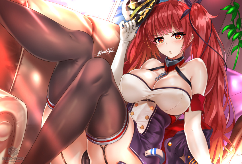 1girl :o arm_support azur_lane bangs bare_shoulders belt black_legwear black_panties black_ribbon blush breasts buckle chains chair choker cleavage collarbone dress elbow_gloves eyebrows_visible_through_hair garter_straps gloves hair_ribbon hat highres holding holding_hat honolulu_(azur_lane) jacket jacket_removed large_breasts light_rays long_hair looking_at_viewer lounge_chair nez-kun o-ring one_leg_raised open_mouth panties peaked_cap plant red_eyes redhead ribbon short_dress signature sitting solo thigh-highs twintails underwear white_gloves window