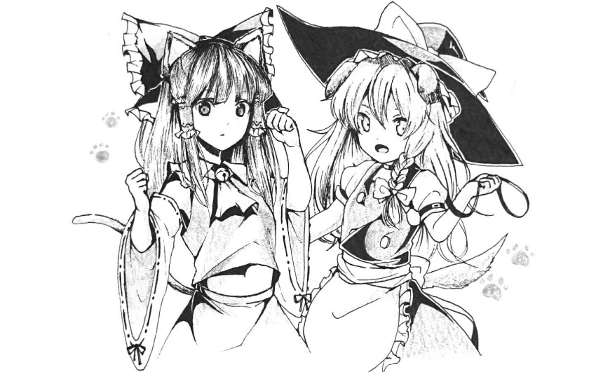 2girls :d animal_ears apron arm_around_waist ascot bell bell_collar blush braid breasts cat_ears cat_tail collar detached_sleeves dog_ears dog_tail expressionless floppy_ears frilled_shirt_collar frills graphite_(medium) hair_ribbon hair_tubes hakurei_reimu hat kemonomimi_mode kirisame_marisa leash long_hair looking_at_viewer midriff monochrome multiple_girls open_mouth paw_pose paw_print puffy_short_sleeves puffy_sleeves ribbon short_sleeves side-by-side side_braid single_braid small_breasts smile straight_hair tail touhou traditional_media vest waist_apron witch_hat yururi_nano