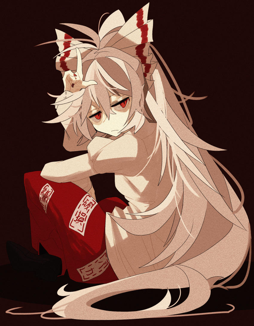 1girl absurdres baggy_pants bow collared_shirt fujiwara_no_mokou hair_bow hair_ribbon highres long_hair long_sleeves ofuda pants red_eyes red_pants ribbon riko_(rikooh) shirt silver_hair solo touhou very_long_hair white_hair white_shirt