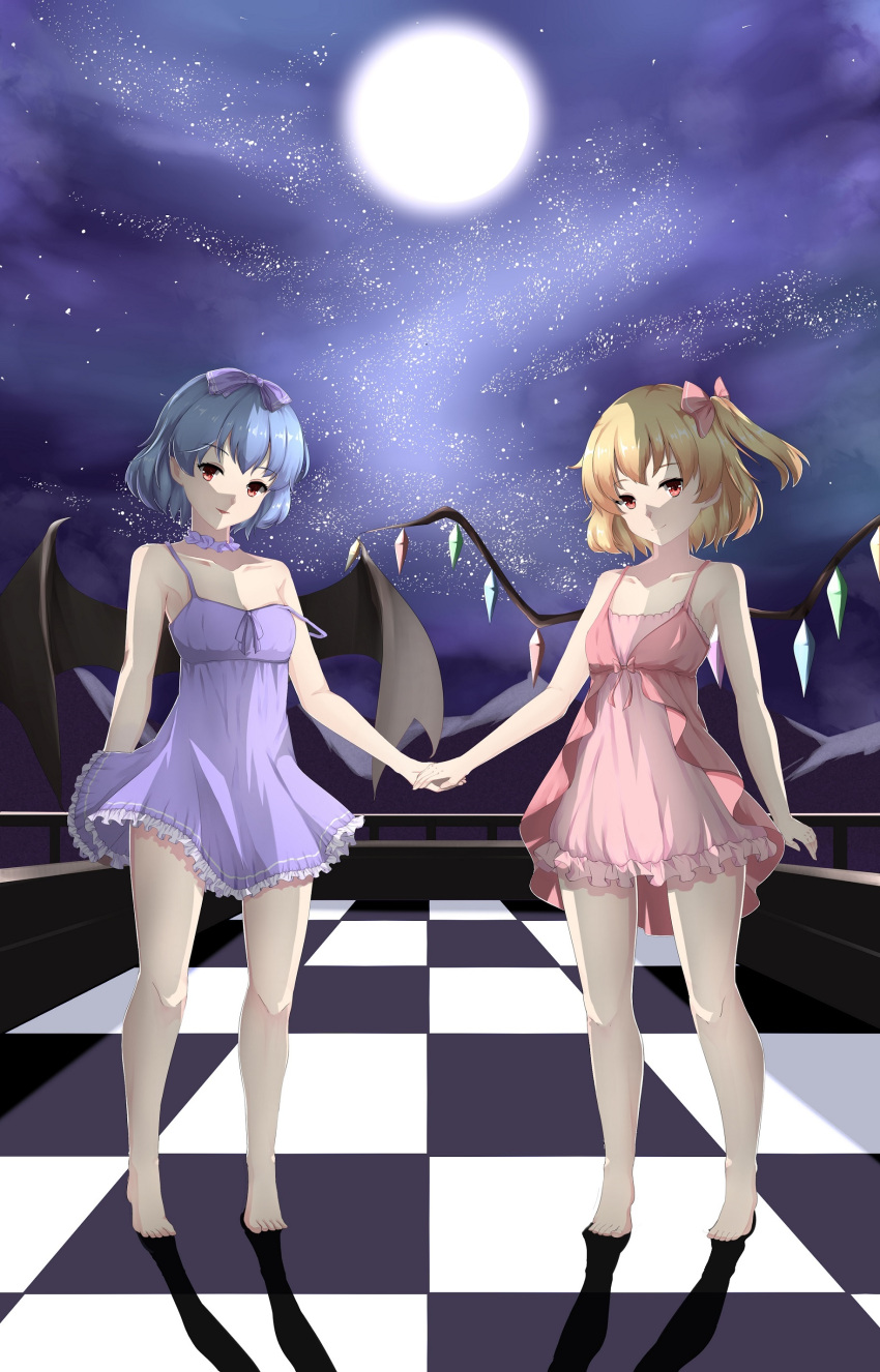 2girls absurdres barefoot bat_wings blonde_hair blue_bow blue_ribbon bow breasts chahei checkered checkered_floor collarbone commentary crystal flandre_scarlet full_moon hair_ribbon hand_holding highres looking_at_viewer moon multiple_girls night night_sky open_mouth purple_hair red_bow red_eyes red_ribbon remilia_scarlet ribbon short_hair siblings side_ponytail sisters sky sleepwear small_breasts star_(sky) strap_pull tiptoes touhou wings