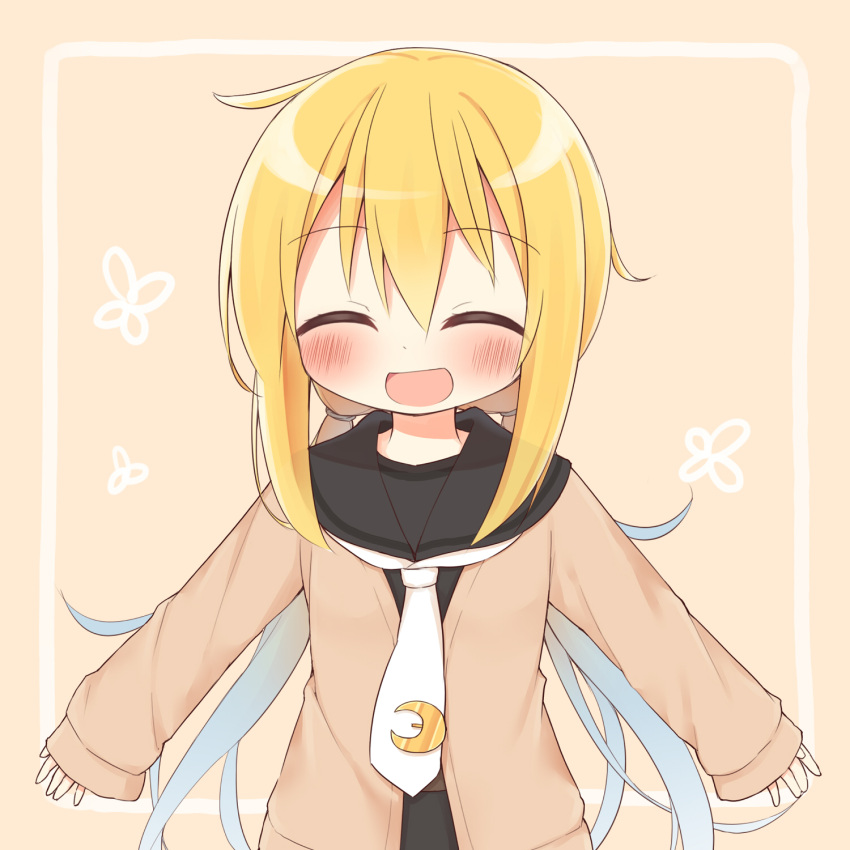 1girl :d ^_^ ayanepuna bangs black_sailor_collar black_serafuku black_shirt blonde_hair blue_hair blush brown_background brown_cardigan cardigan closed_eyes commentary_request crescent crescent_moon_pin eyebrows_visible_through_hair facing_viewer gradient_hair hair_between_eyes highres kantai_collection long_hair long_sleeves low_twintails multicolored_hair necktie open_cardigan open_clothes open_mouth outstretched_arms sailor_collar satsuki_(kantai_collection) school_uniform serafuku shirt sidelocks sleeves_past_wrists smile solo tie_clip twintails very_long_hair white_neckwear