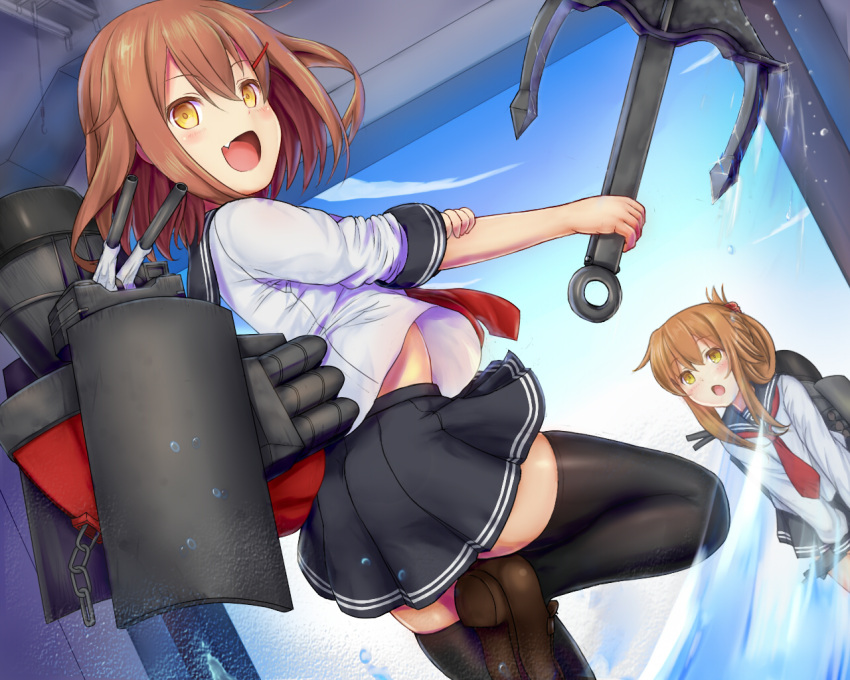 2girls :d :o anchor bangs black_legwear blue_sky blush brown_footwear brown_hair day em_s eyebrows_visible_through_hair fang folded_ponytail from_behind hair_ornament hairclip hangar holding ikazuchi_(kantai_collection) inazuma_(kantai_collection) kantai_collection loafers looking_at_viewer looking_back miniskirt multiple_girls necktie open_mouth pleated_skirt red_neckwear rigging school_uniform serafuku shiny shiny_hair shirt shoes short_hair sidelocks skirt sky sleeves_past_elbows sleeves_pushed_up smile splashing standing standing_on_one_leg tareme thigh-highs water white_shirt yellow_eyes zettai_ryouiki