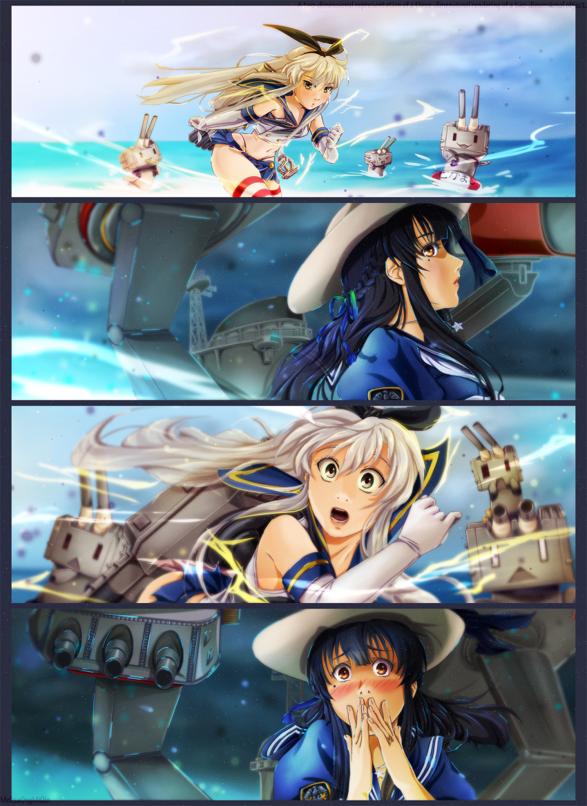 2girls 4koma :&lt; :o anchor_hair_ornament black_hair black_panties blue_dress blue_ribbon blurry blush braid brown_eyes bunny_hair_ornament comic commentary cosplay crop_top depth_of_field dress elbow_gloves engagement_ring french_braid gloves green_ribbon grey_eyes hair_ornament hair_ribbon hairband hands_over_mouth hat highleg highleg_panties highres iowa_(pacific) jewelry justice_league kantai_collection kimi_no_na_wa lifebuoy lightning long_hair melisaongmiqin microskirt miyamizu_mitsuha mole mole_under_eye multicolored multicolored_ribbon multiple_girls necklace pacific panties parody power_connection puffy_sleeves rensouhou-chan ribbon sailor_dress scared shimakaze_(kantai_collection) skirt standing standing_on_liquid star_necklace sun_hat surprised thigh-highs torpedo_launcher underwear white_gloves wide-eyed