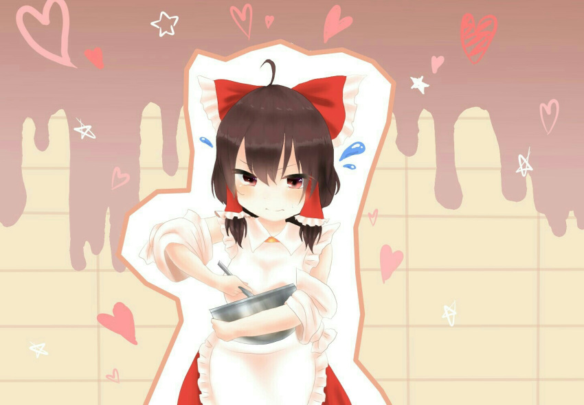 1girl apron blush bow bowl chocolate chocolate_hair commentary detached_sleeves flying_sweatdrops frustrated hair_bow hair_tubes hakurei_reimu heart large_bow looking_at_viewer mixing_bowl red_eyes reimu_mikoro skirt solo star stirring touhou valentine