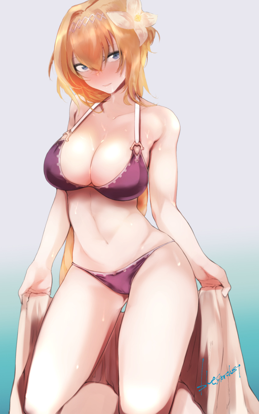 1girl artist_name bangs bare_shoulders bikini blanket blonde_hair blush breasts cleavage collarbone flower gluteal_fold gradient gradient_background granblue_fantasy grey_background hair_between_eyes hair_flower hair_ornament hairband highres holding jeanne_d'arc_(granblue_fantasy) kneeling kojima_(blue_stardust) large_breasts long_hair looking_at_viewer navel nose_blush parted_lips purple_bikini shiny shiny_skin smile solo stomach sweat swimsuit very_long_hair