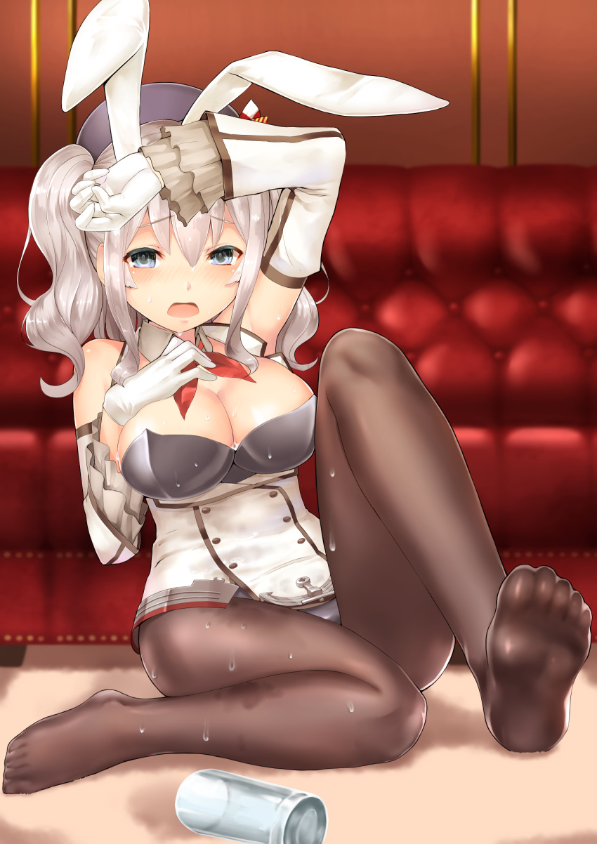 1girl adapted_costume animal_ears black_legwear bunny_girl bunnysuit detached_collar detached_sleeves epaulettes full_body grey_eyes highres kantai_collection kashima_(kantai_collection) long_sleeves looking pantyhose rabbit_ears rin2008 sidelocks silver_hair sitting solo spill tsurime twintails water wavy_hair wet wet_clothes