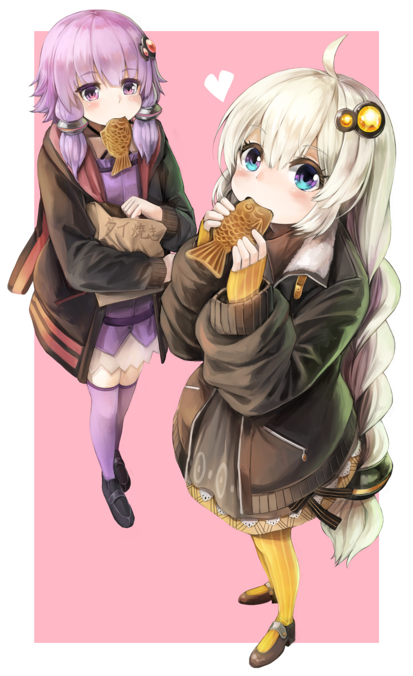 2girls absurdres ahoge animal_hood bag bangs black_footwear blue_eyes blush braid brown_footwear bunny_hood dress eating eyebrows_visible_through_hair food full_body fur_trim hair_between_eyes hair_ornament heart highres holding_bag hood hood_down hooded_jacket jacket kizuna_akari long_hair long_sleeves looking_at_viewer mouth_hold multiple_girls netamaru orange_legwear outside_border pantyhose paper_bag pocket purple_dress purple_legwear shoes sidelocks standing star striped striped_legwear taiyaki thigh-highs vertical-striped_legwear vertical_stripes very_long_hair violet_eyes vocaloid voiceroid wagashi white_hair yuzuki_yukari