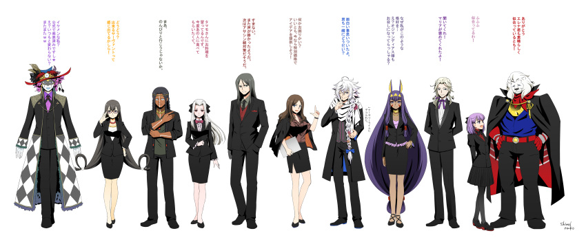 5girls 6+boys absurdres ahoge alternate_costume bead_necklace beads bespectacled black_bow black_hair black_jacket black_legwear black_pants black_skirt blonde_hair blue_eyes bow brown_hair business_suit dark_skin dark_skinned_male dress earrings facepaint facial_mark fate/grand_order fate_(series) formal geronimo_(fate/grand_order) glasses gloves hair_bow hat helena_blavatsky_(fate/grand_order) highres hoop_earrings irisviel_von_einzbern irisviel_von_einzbern_(caster) jackal_ears jacket jacket_on_shoulders jewelry leonardo_da_vinci_(fate/grand_order) lion long_hair low-tied_long_hair makeup mephistopheles_(fate/grand_order) merlin_(fate/stay_night) multiple_boys multiple_girls necklace necktie nitocris_(fate/grand_order) pants pencil_skirt purple_hair red_eyes scarf shimaneko short_hair sidelocks skirt skirt_suit smile standing suit thomas_edison_(fate/grand_order) translation_request very_long_hair waver_velvet white_hair white_scarf wolfgang_amadeus_mozart_(fate/grand_order) xuanzang_(fate/grand_order)