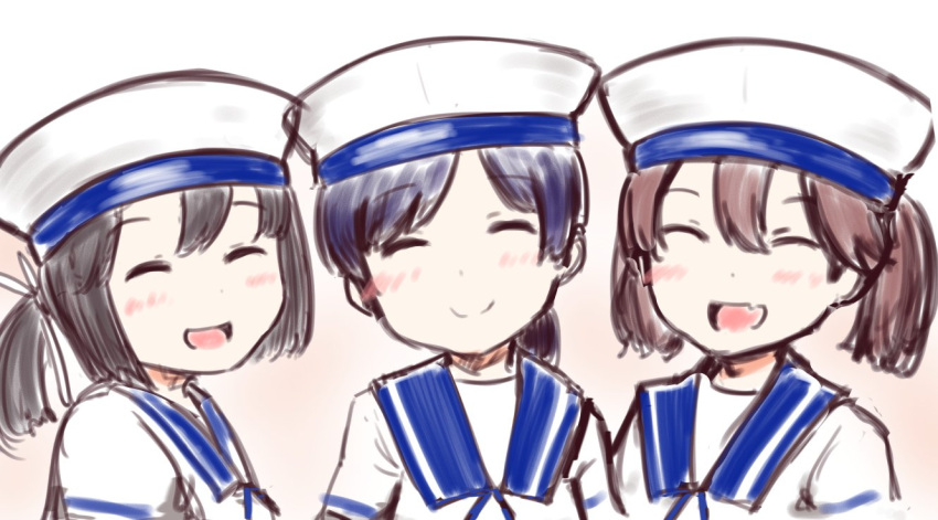 3girls black_hair brown_hair closed_eyes commentary_request cosplay daitou_(kantai_collection) dress hat hiburi_(kantai_collection) hiburi_(kantai_collection)_(cosplay) kantai_collection kirigaku multiple_girls open_mouth ponytail ryuujou_(kantai_collection) sailor_dress sailor_hat short_hair sidelocks smile twintails upper_body