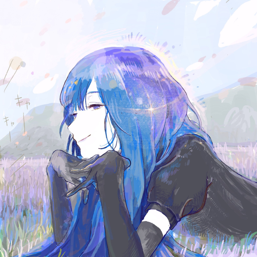 androgynous artist_request bangs black_neckwear blue_eyes blue_hair blunt_bangs closed_mouth crystal_hair elbow_gloves gem_uniform_(houseki_no_kuni) gloves grass highres houseki_no_kuni lapis_lazuli_(houseki_no_kuni) long_hair looking_at_viewer lying on_stomach shirt short_sleeves smile smirk smug solo uniform