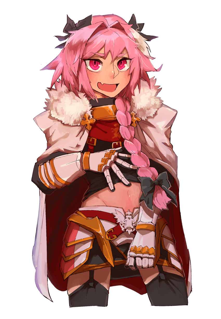 1boy :d absurdres astolfo_(fate) bangs black_bow black_gloves black_legwear black_shirt black_skirt bow braid buckle cloak commentary_request cropped_legs emblem eyebrows_visible_through_hair fang fate/apocrypha fate_(series) fur-trimmed_cloak fur_collar garter_straps gauntlets gloves gold_trim gorget hair_bow hair_intakes hair_over_shoulder hand_up highres legs_apart lifted_by_self long_hair long_sleeves looking_at_viewer male_focus miniskirt multicolored_hair navel open_mouth pink_eyes pink_hair ringed_eyes shirt shirt_lift simple_background single_braid skirt skirt_grab smile solo standing stomach streaked_hair thick_eyebrows thigh-highs trap tsurime turtleneck two-tone_hair white_background white_cloak white_hair zettai_ryouiki