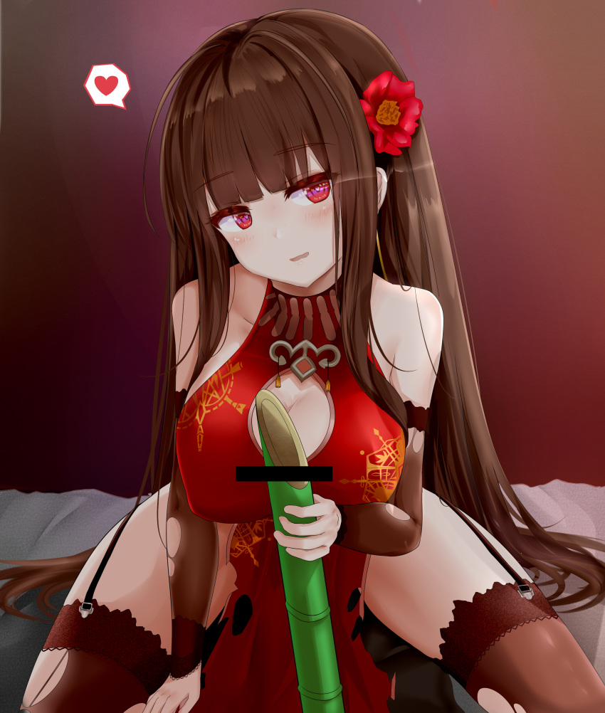 1girl absurdres alternate_costume arm_support bamboo_shoot bangs bar_censor bare_shoulders blunt_bangs blush breasts bridal_gauntlets brown_hair brown_legwear censored china_dress chinese_clothes cleavage cleavage_cutout collarbone dress dsr-50_(girls_frontline) elbow_gloves eyebrows_visible_through_hair fan flower flying_heart folding_fan garter_straps girls_frontline gloves groin hair_flower hair_ornament half-closed_eyes head_tilt heart heart-shaped_pupils highres holding holding_bamboo_shoot lace lace-trimmed_thighhighs large_breasts leaning_forward long_hair looking_at_viewer open_mouth red_dress red_eyes ru_zhai side_slit sidelocks sitting smile solo studs symbol-shaped_pupils tassel thigh-highs thighs torn_clothes torn_dress torn_gloves torn_thighhighs