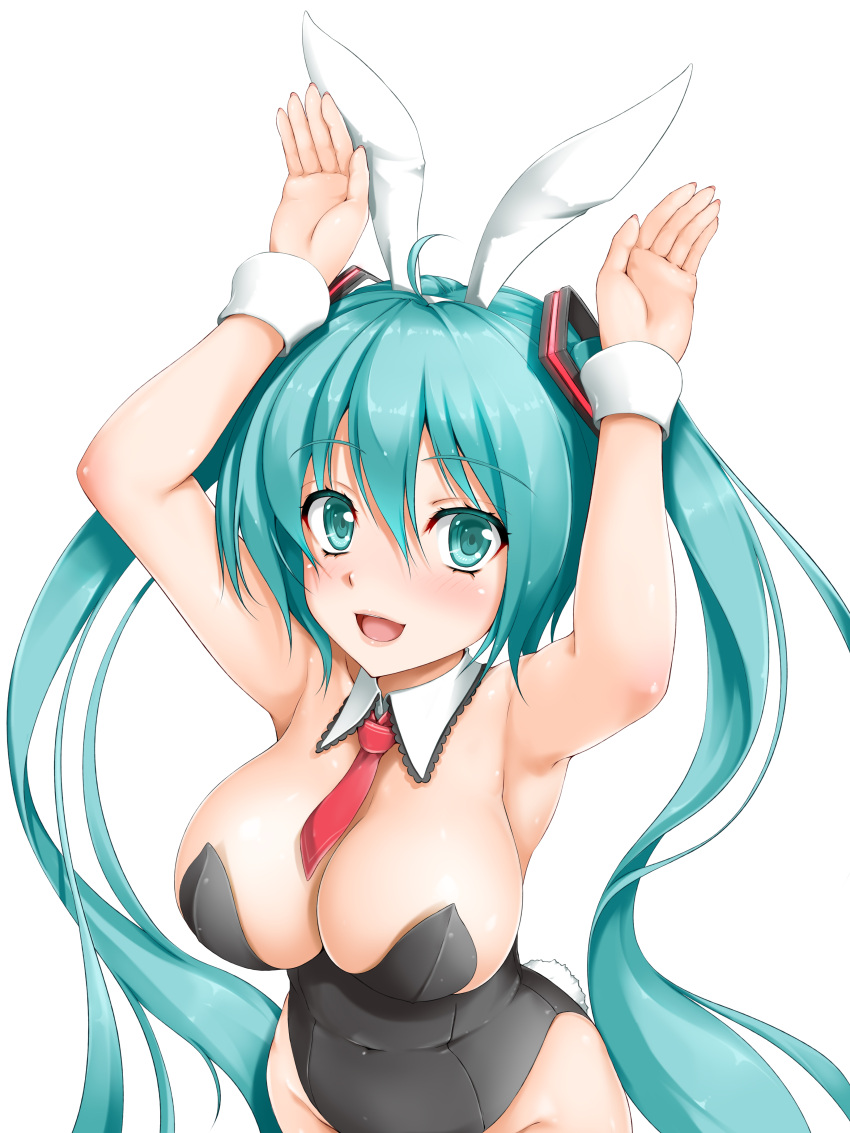 1girl absurdres ahoge animal_ears aqua_eyes aqua_hair armpits arms_up blush breasts bunny_girl bunny_tail collar covered_navel eyebrows_visible_through_hair hair_between_eyes hatsune_miku highres large_breasts leotard lips long_hair looking_at_viewer necktie open_mouth rabbit_ears simple_background solo tail toranoo twintails very_long_hair vocaloid white_background wrist_cuffs