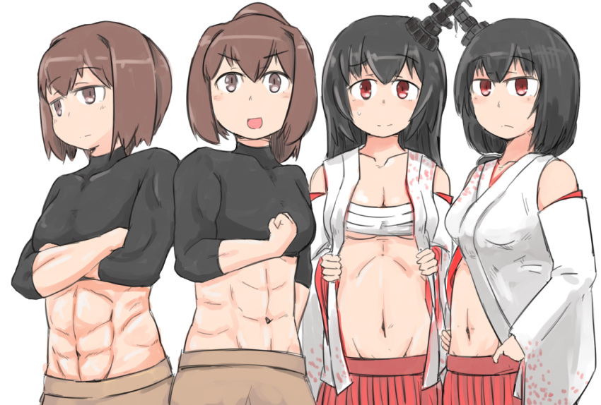 4girls abs black_hair detached_sleeves enjaku_izuku flexing floral_print fusou_(kantai_collection) hair_ornament hyuuga_(kantai_collection) ise_(kantai_collection) japanese_clothes kantai_collection multiple_girls open_clothes pose red_eyes sarashi short_hair toned undershirt wide_sleeves yamashiro_(kantai_collection)